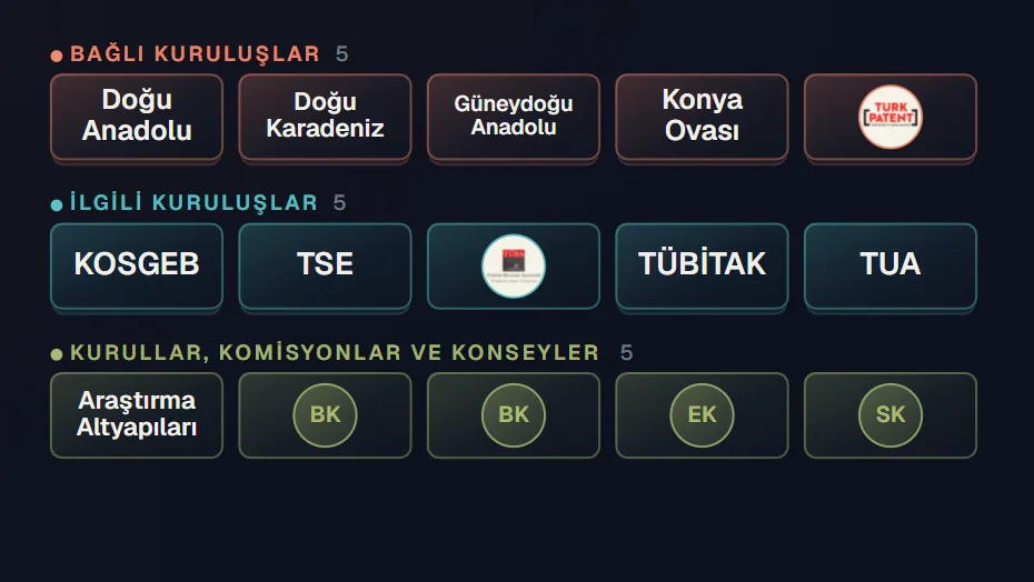 Atlas’ta bir bakanlığın içi: bağlı ve ilgili kuruluşlar, kurullar ve komisyonlar renkli gruplar hâlinde.
